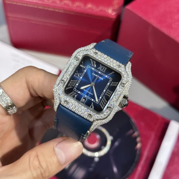 Cartier Santos Replica Watch Blue Dial Custom Moissanite Diamonds 39.8mm - Image 4