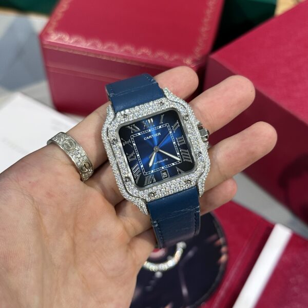 Cartier Santos Replica Watch Blue Dial Custom Moissanite Diamonds 39.8mm - Image 3
