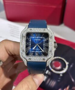 Alternative view of Cartier Santos Replica Watch Blue Dial Custom Moissanite Diamonds 39.8mm