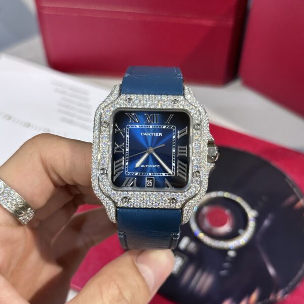 Cartier Santos Replica Watch Blue Dial Custom Moissanite Diamonds 39.8mm - Image 2