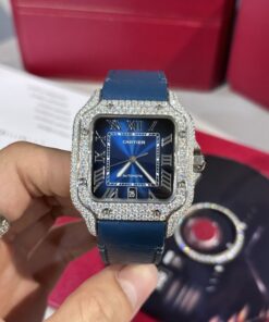 Cartier Santos Replica Watch Blue Dial Custom Moissanite Diamonds 39.8mm