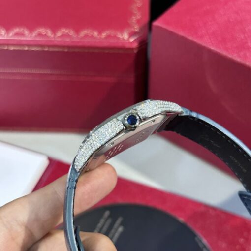 Cartier Santos Replica Watch Blue Dial Custom Moissanite Diamonds 39.8mm - Image 6