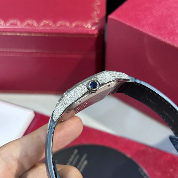 Cartier Santos Replica Watch Blue Dial Custom Moissanite Diamonds 39.8mm - Image 6