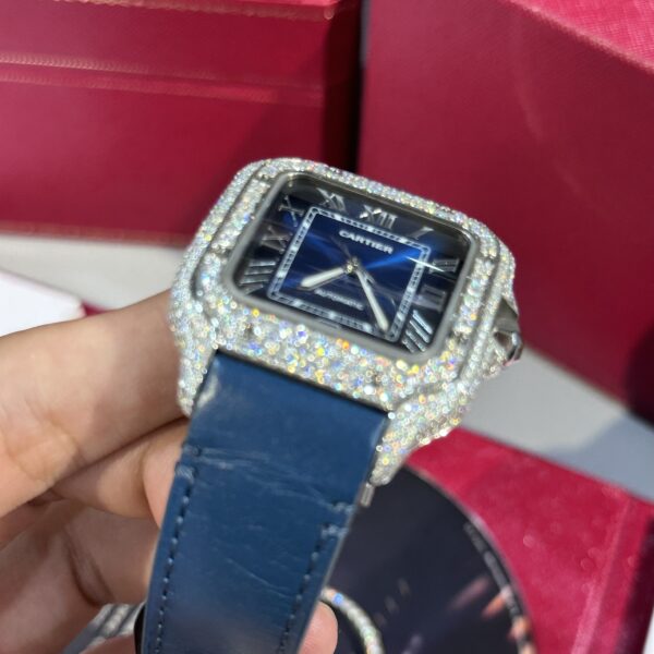 Cartier Santos Replica Watch Blue Dial Custom Moissanite Diamonds 39.8mm - Image 5