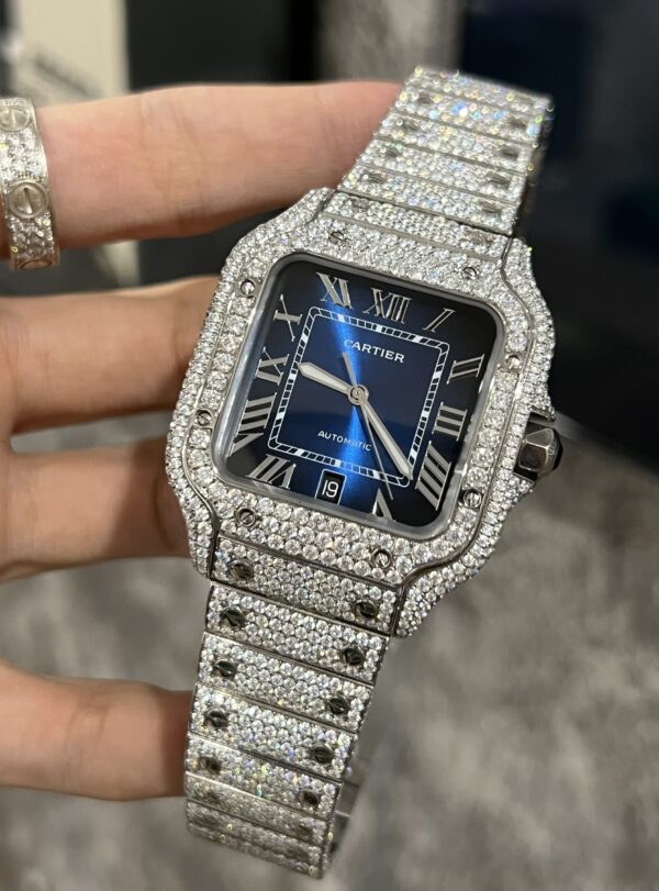 Cartier Santos Best Replica Watch Custom Moissanite Diamonds Blue Dial 39.8mm - Image 4