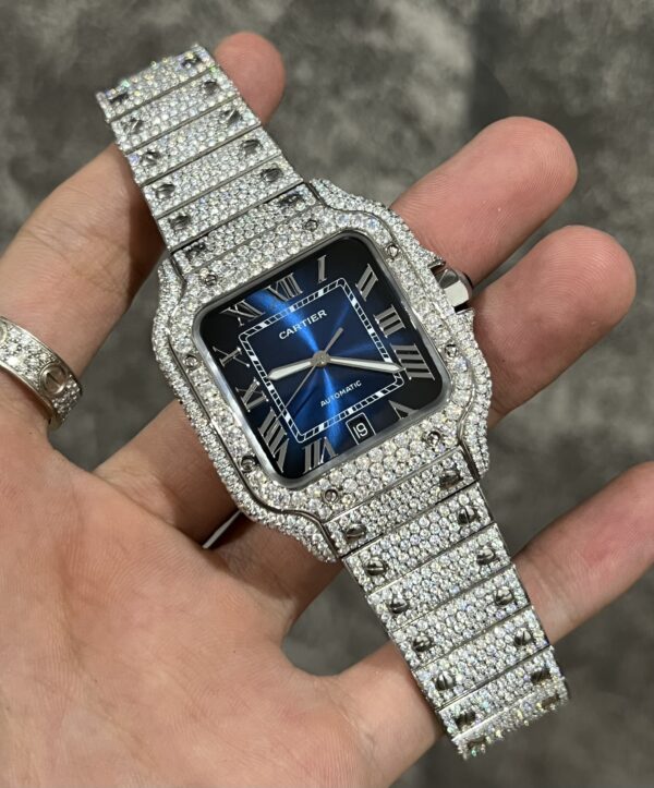 Cartier Santos Best Replica Watch Custom Moissanite Diamonds Blue Dial 39.8mm - Image 3