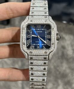 Cartier Santos Best Replica Watch Custom Moissanite Diamonds Blue Dial 39.8mm