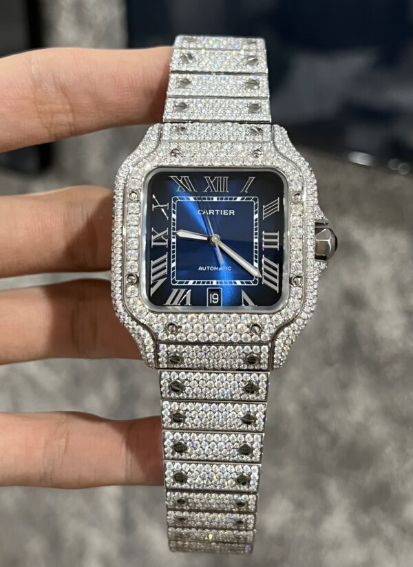 Cartier Santos Best Replica Watch Custom Moissanite Diamonds Blue Dial 39.8mm - Image 2