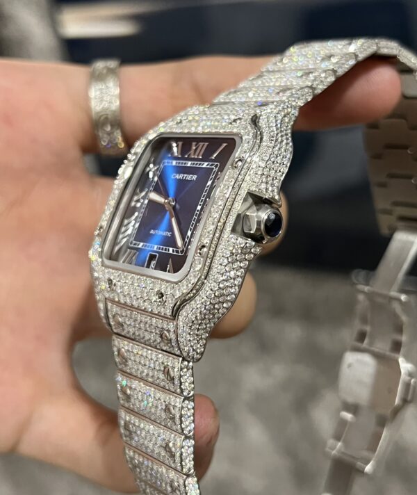 Cartier Santos Best Replica Watch Custom Moissanite Diamonds Blue Dial 39.8mm - Image 5