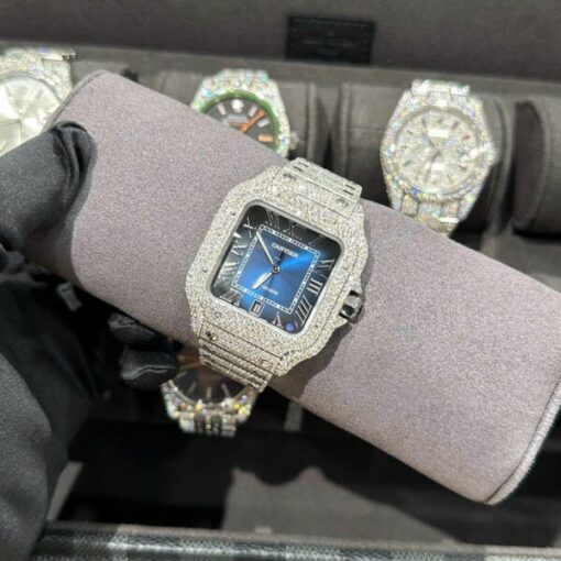 Cartier Santos Best Replica Watch With Full Natural Diamond VVS Blue Dial 39.8mm - Image 5