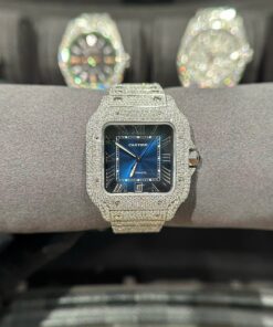 Cartier Santos Best Replica Watch With Full Natural Diamond VVS Blue Dial 39.8mm