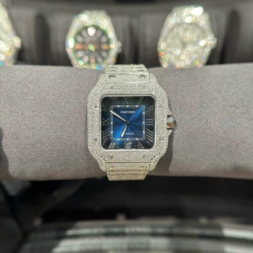 Cartier Santos Best Replica Watch With Full Natural Diamond VVS Blue Dial 39.8mm - Image 2