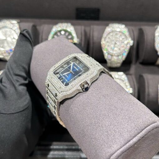 Cartier Santos Best Replica Watch With Full Natural Diamond VVS Blue Dial 39.8mm - Image 6