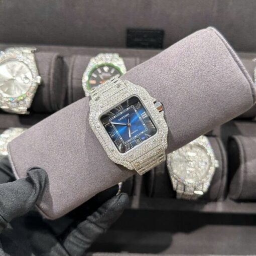 Cartier Santos Best Replica Watch With Full Natural Diamond VVS Blue Dial 39.8mm - Image 3