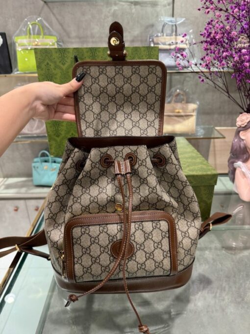 Gucci Backpack With Interlocking G Beige Super Premium Brown Canvas 26.5x30x13cm - Image 4