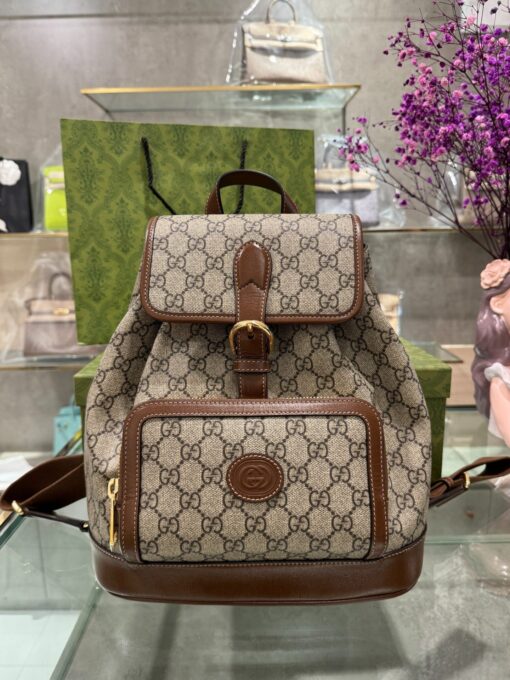 Gucci Backpack With Interlocking G Beige Super Premium Brown Canvas 26.5x30x13cm