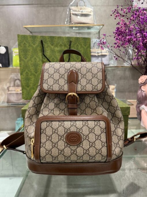 Gucci Backpack With Interlocking G Beige Super Premium Brown Canvas 26.5x30x13cm - Image 2