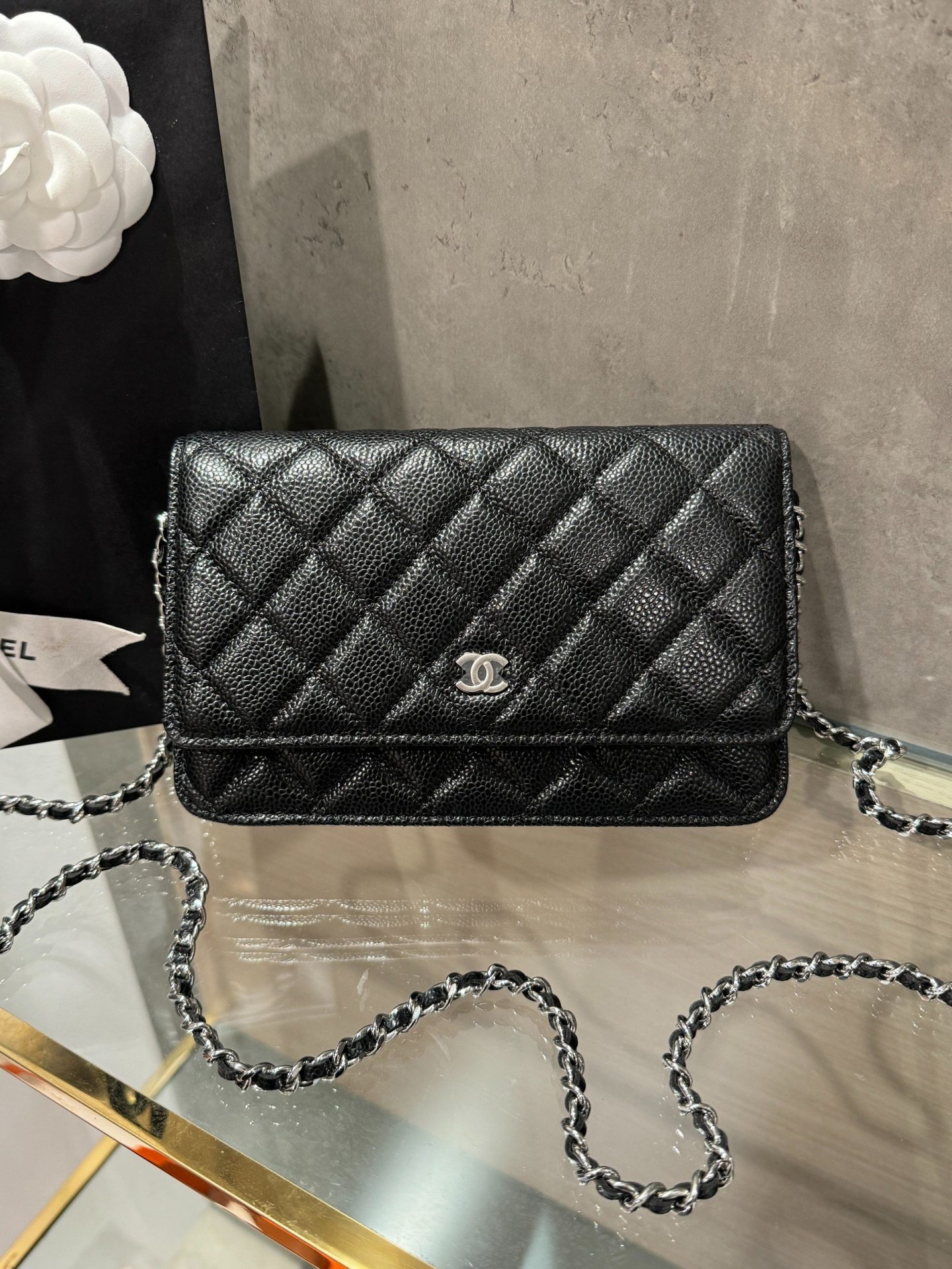 Chanel Caviar Tiny CC Wallet on Chain WOC Silver Lock Crossbody Bag 19cm