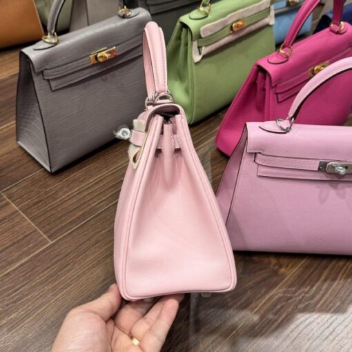 Hermes Kelly Handbag for Women, Light Pink, Silver Lock, Super Quality, Size 25cm - Image 4