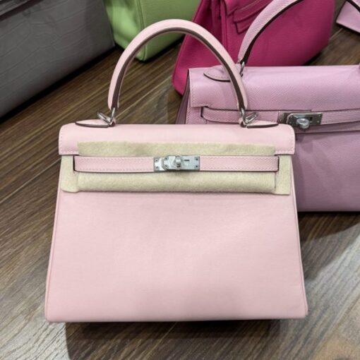 Hermes Kelly Handbag for Women, Light Pink, Silver Lock, Super Quality, Size 25cm - Image 2