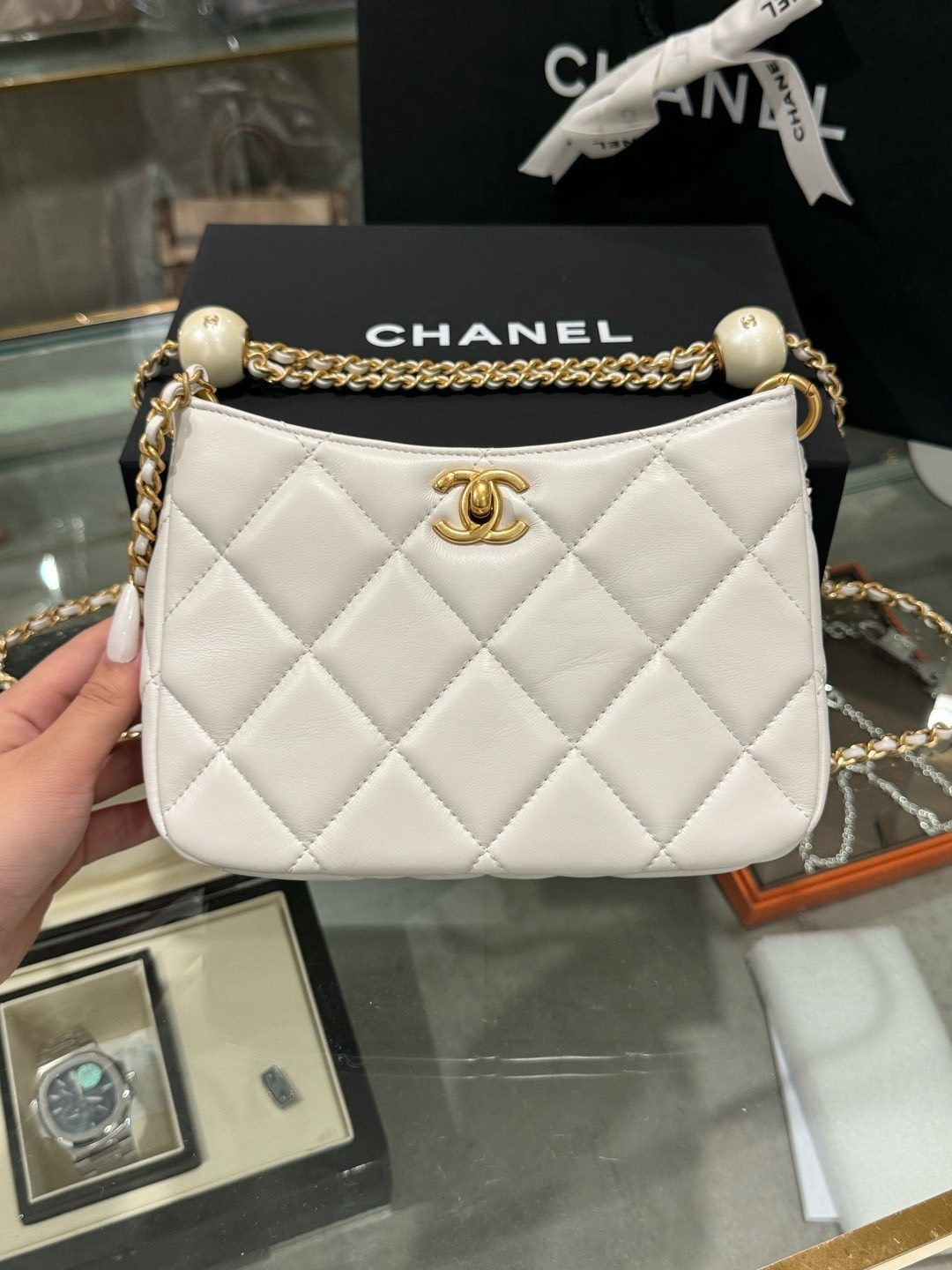 Chanel 24S Hobo Handbag for Women White Chain Strap Like Auth 20x13x8cm
