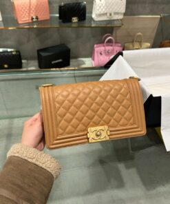 Chanel Boy Medium Like Auth Women’s Handbag Brown Gold Lock 25cm
