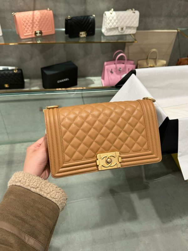 Chanel Boy Medium Like Auth Women’s Handbag Brown Gold Lock 25cm - Image 2