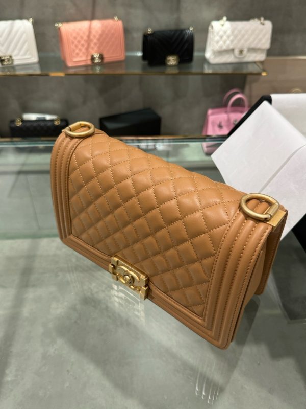 Chanel Boy Medium Like Auth Women’s Handbag Brown Gold Lock 25cm - Image 4