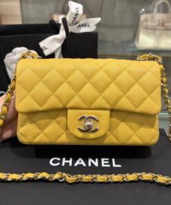 Chanel Classic Women’s Handbag Yellow Calfskin Like Auth 20cm