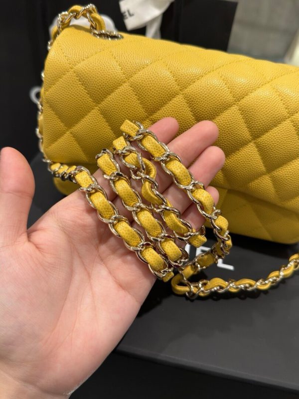 Chanel Classic Women’s Handbag Yellow Calfskin Like Auth 20cm - Image 8