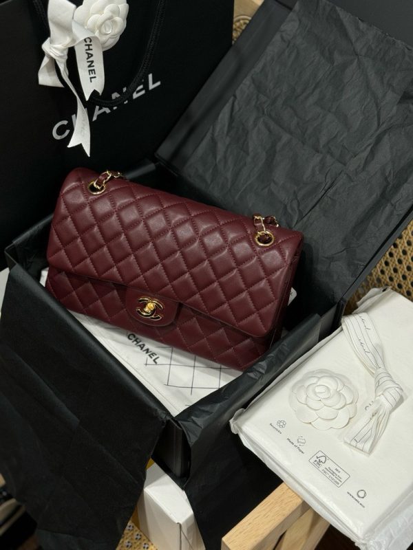 Chanel Classic Women’s Handbag Plum Red Smooth Leather Rep 11 High Quality 25cm - Image 2