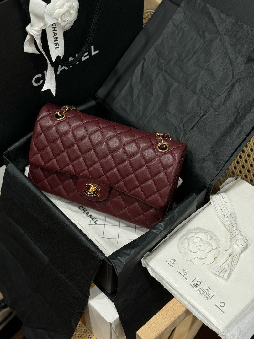 Chanel Classic Women’s Handbag Plum Red Smooth Leather Rep 11 High Quality 25cm
