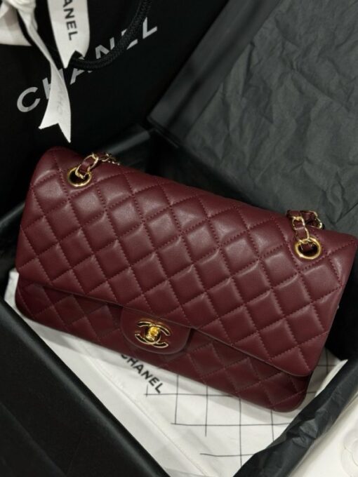 Chanel Classic Women’s Handbag Plum Red Smooth Leather Rep 11 High Quality 25cm - Image 3