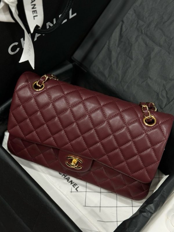 Chanel Classic Women’s Handbag Plum Red Smooth Leather Rep 11 High Quality 25cm - Image 3