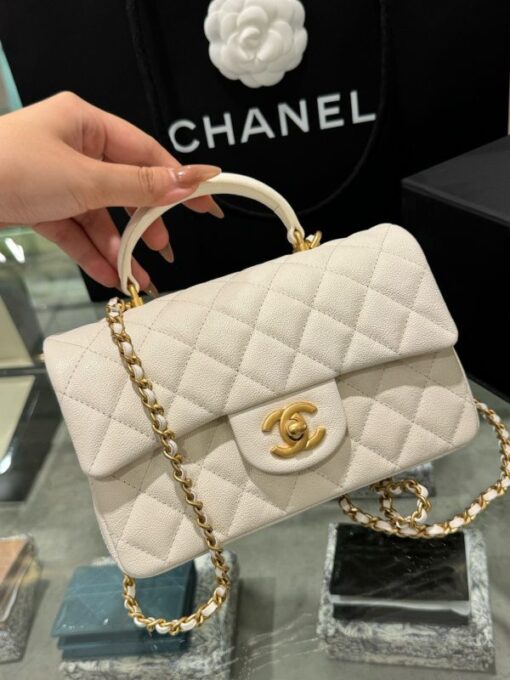 Chanel Handle Mini Replica Handbag 11 White Grain Leather 20cm - Image 3