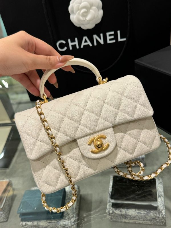Chanel Handle Mini Replica Handbag 11 White Grain Leather 20cm - Image 3