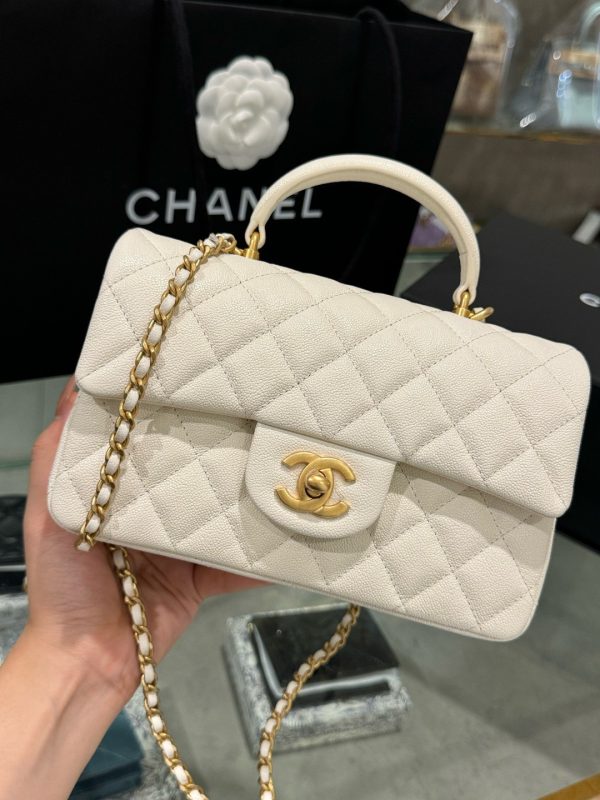Chanel Handle Mini Replica Handbag 11 White Grain Leather 20cm - Image 2