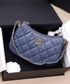Chanel Hobo Handbag for Women Blue Gold Lock 23x13x5cm