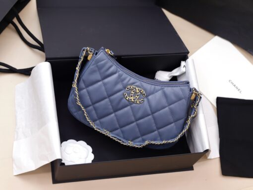 Chanel Hobo Handbag for Women Blue Gold Lock 23x13x5cm