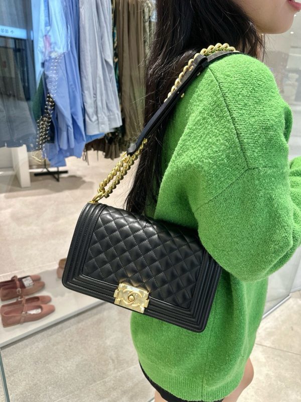 Chanel Boy Medium Super Quality Black Handbag with Gold Lock 25cm - Image 6
