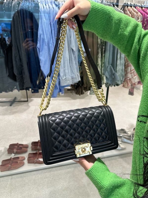 Chanel Boy Medium Super Quality Black Handbag with Gold Lock 25cm - Image 3