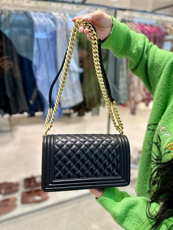 Chanel Boy Medium Super Quality Black Handbag with Gold Lock 25cm - Image 4