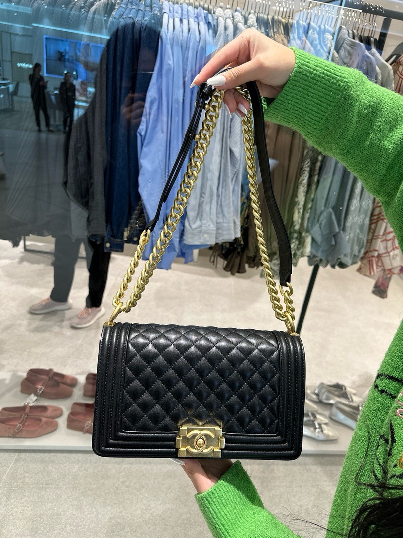 Chanel Boy Medium Super Quality Black Handbag with Gold Lock 25cm