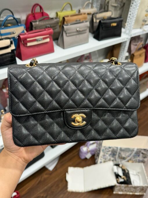 Chanel Classic Black Grained Leather Handbag with Gold Lock 25cm