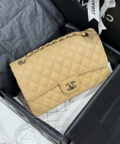 Chanel Classic Women’s Handbag Light Yellow Silver Lock 25cm