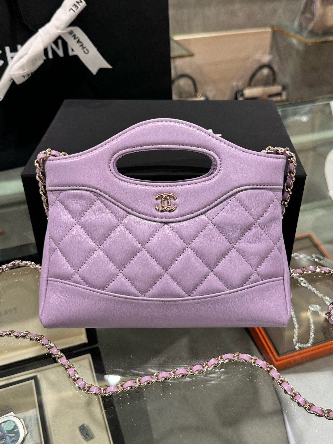 Like Auth Chanel 31 Mini Women’s Handbag Purple Gold Lock 20×17.5×3.5cm