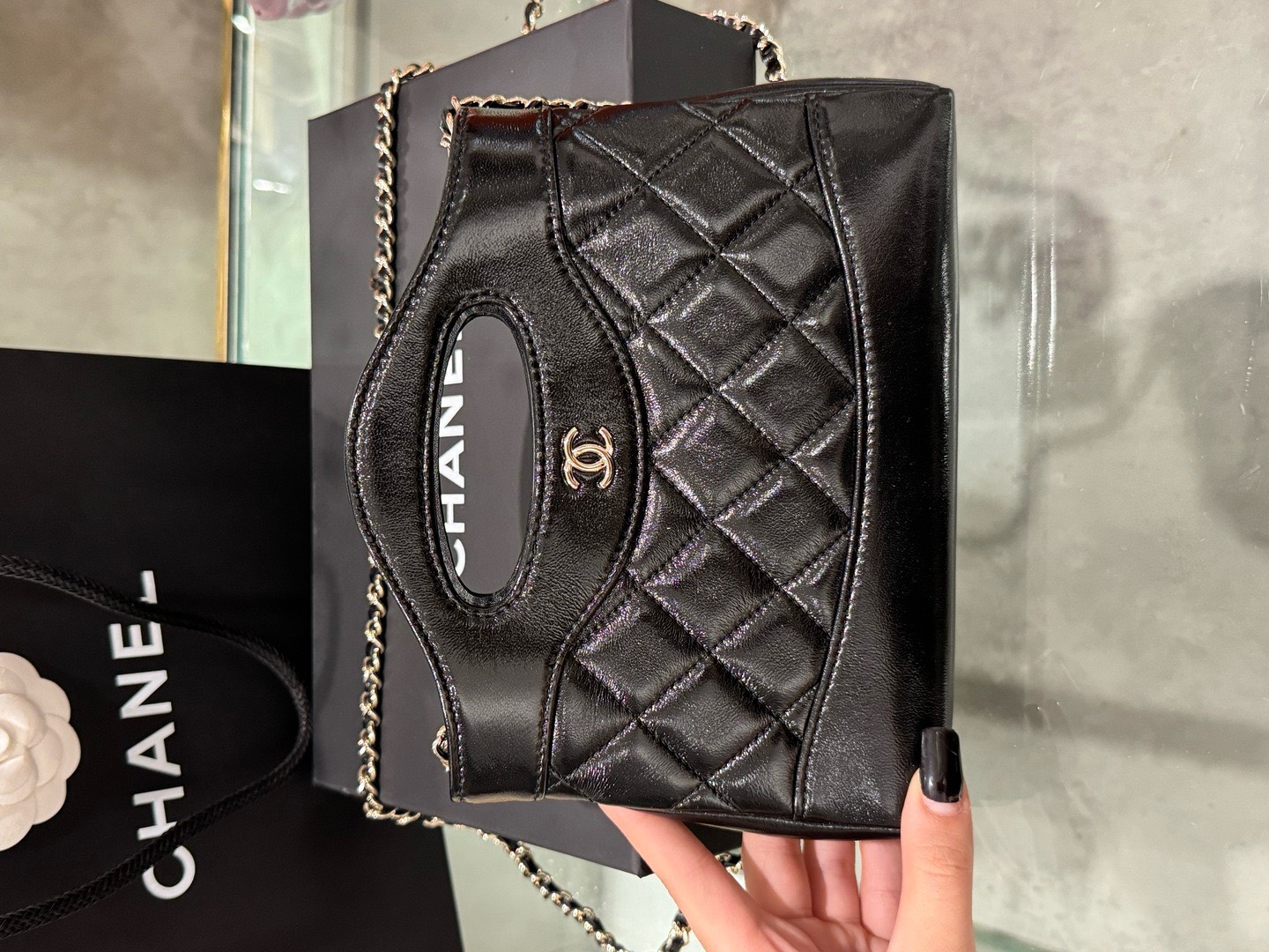 Chanel 31 Mini Women’s Handbag Black Cowhide Like Auth 20x14x4cm