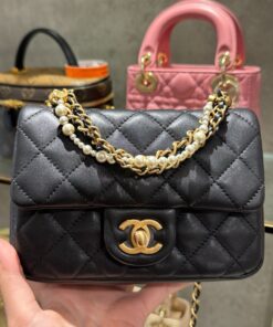 Chanel Women’s Handbag With Black Pearl Strap Like Auth 20cm