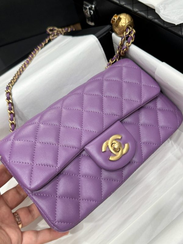 Chanel Classic Bell Strap Handbag Like Auth Women Purple 20cm - Image 3