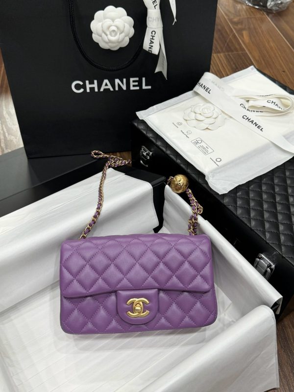 Chanel Classic Bell Strap Handbag Like Auth Women Purple 20cm - Image 4